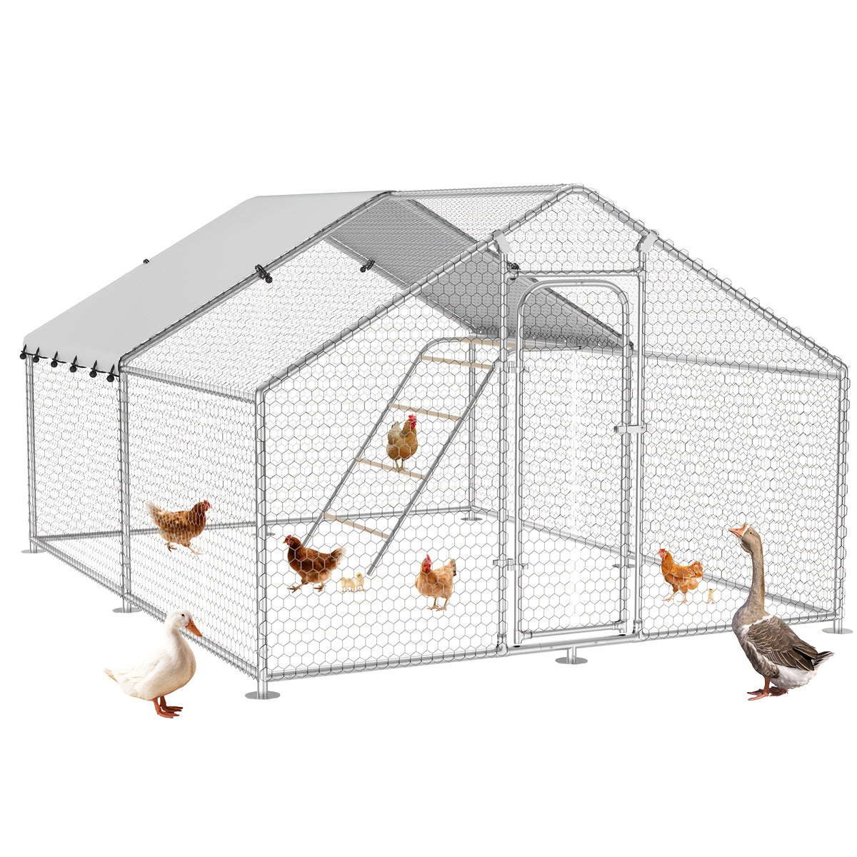 Walk-In Metal Chicken Coop | Outdoor Activity Enclosure With Uv-Resistant Canopy, Predator-Proof Hexagonal Mesh, And 5-Tier Extra-Large Roosting Bars | Ideal For Backyard Housing Of Chickens, Ducks, Geese, And Small Fowl