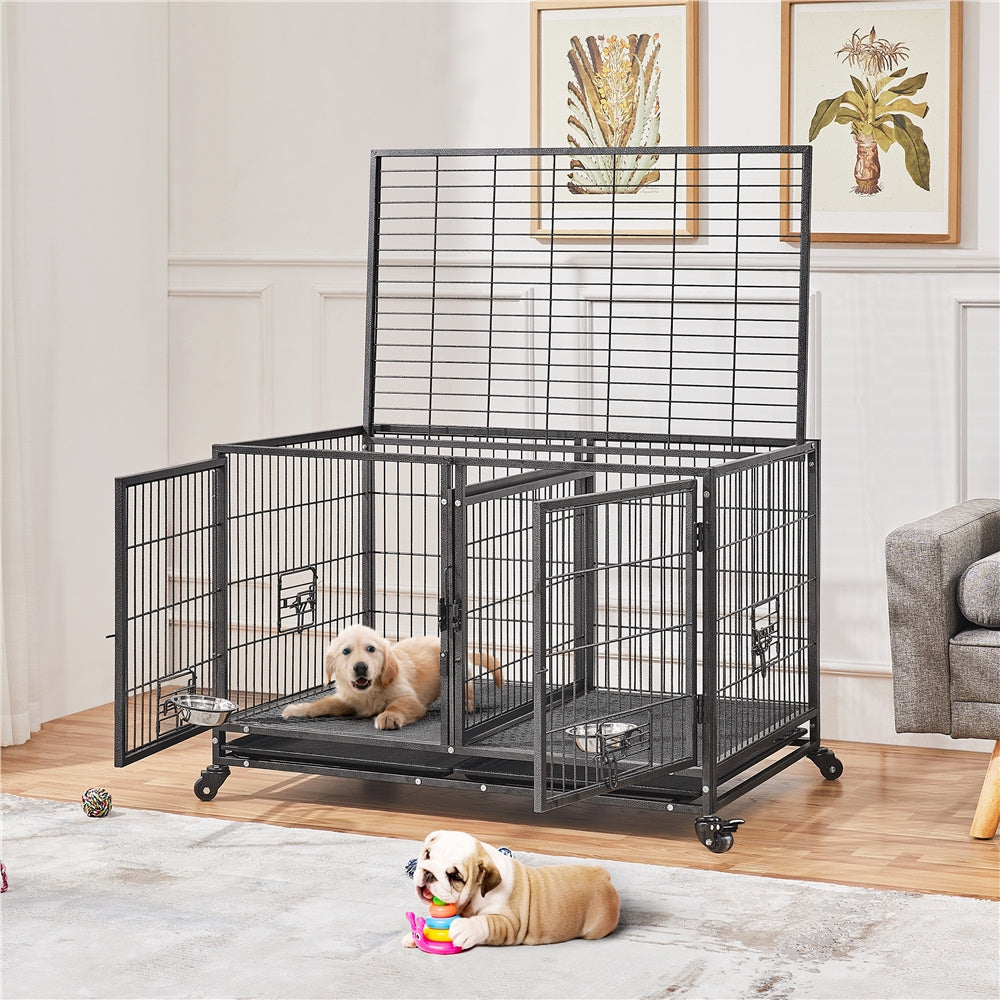 Costoffs Halloween 29/35"H Rolling Dog Crate Rolling Heavy Duty Dog Cage with 2 Stainless-steel Bowls, Removable Divider, 2 Pull-out Trays for Dogs, Black