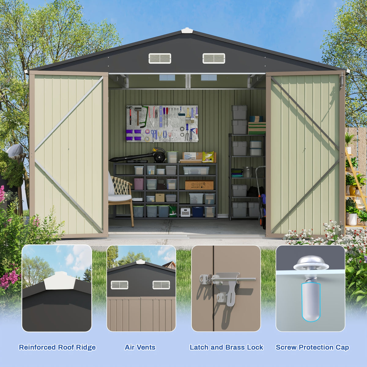 GUNJI 10X10 FT & 8 X 8 FT Outdoor Steel Storage Shed Metal Building Tiny House Lockable Door, Vertical Outside Storage Building For Garden, Backyard, Lawn, Patio Utility, Tool Storage, Bike Carport, Free Shipping