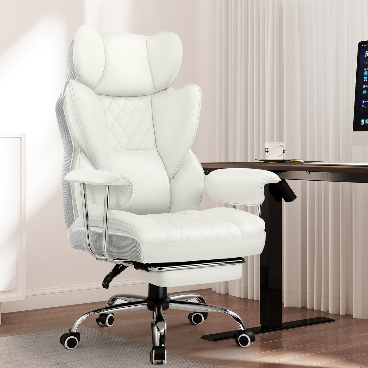 Executive Office Chair for Heavy People, Gaming Chair, Ergonomic Wide Desk Computer Chair with Pocket Spring Lumbar Support, Footrest, Outward Fixed Soft Armrests, High Back PU Leather, Height Adjustable, Big and Tall