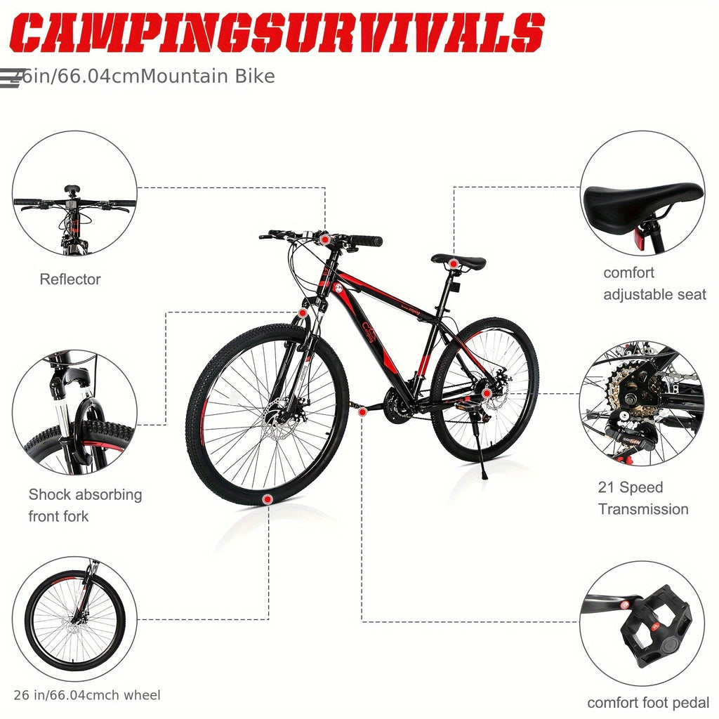 26-Inch 21-Speed Red & Black Mountain Bike - Double-Disc Brakes, Shock-Absorbing Fork - Ideal for Off-Road Adventures