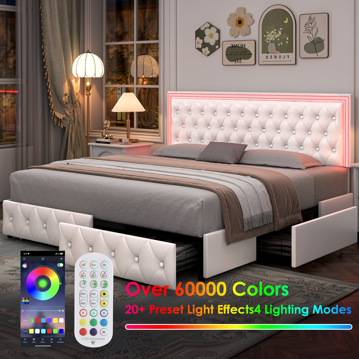Full/Queen/King Size Modern Bed Frame with LED Headboard & 4 Storage Drawers - Upholstered Platform Bed, Button Tufted Headboard Suitable for Beige/White/Black - Assembly, No Box Spring Needed, Wood-Free