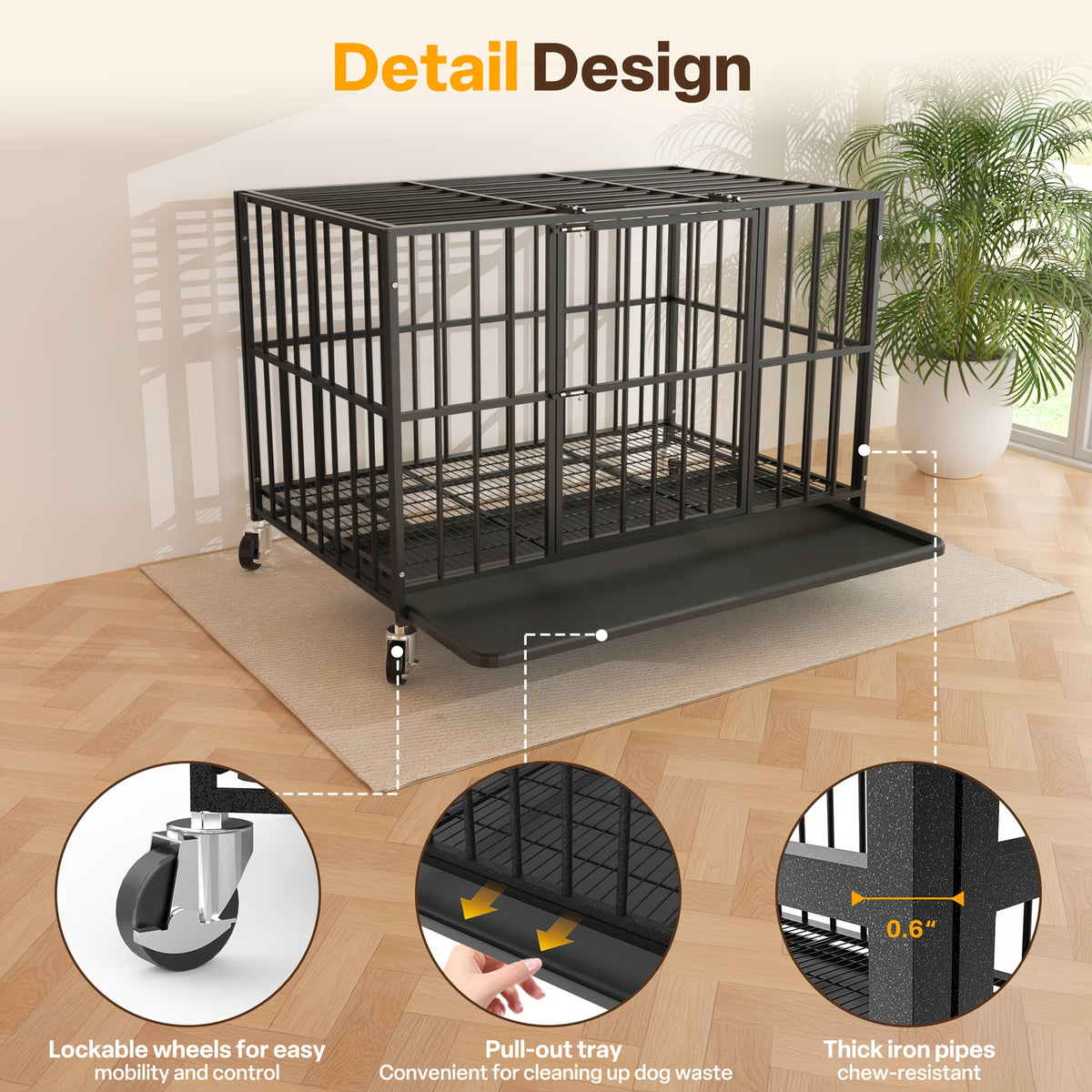 Large Indoor Dog Crate with Wheels, Removable Door Panel, Indoor Kennel, Easy to Clean, Removable Tray, Extra-large Dog Crate Suitable for Large And Medium-sized Dogs