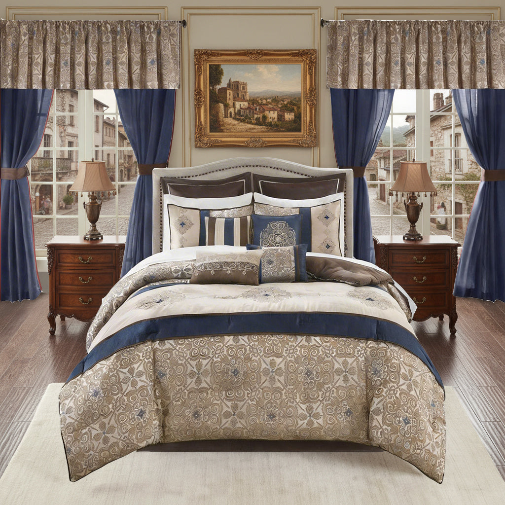 Luxury 24-Piece Satin Jacquard Comforter Set – All-Season Complete Bedding Ensemble, Sheets, decorative pillows and Curtains, Valance, Bed in a Bag, Queen, King, CalKing