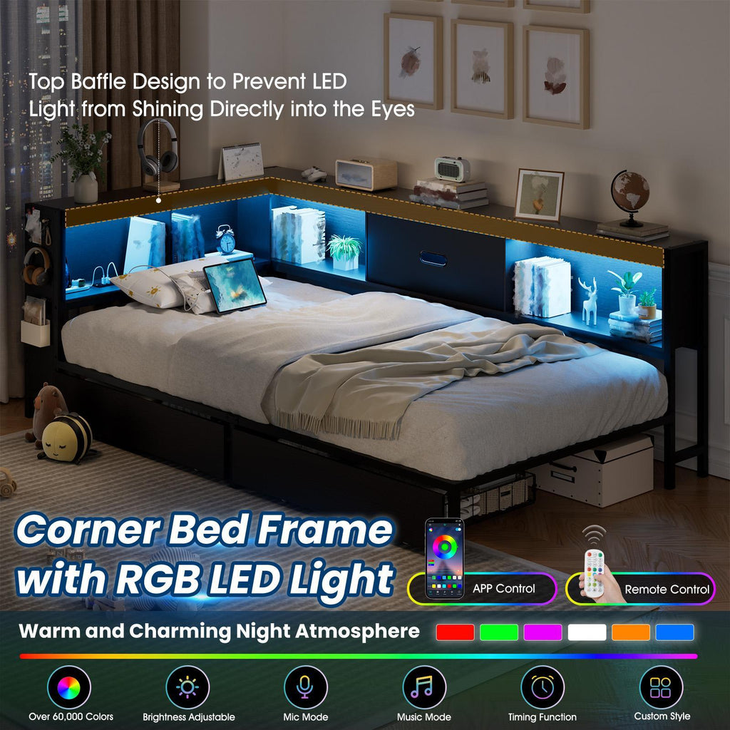 Corner Bed with Storage Bookcase and LED Light, Daybed with 2 Underneath Storage Drawers & Charging Station, Twin Bed Frames for Bedroom