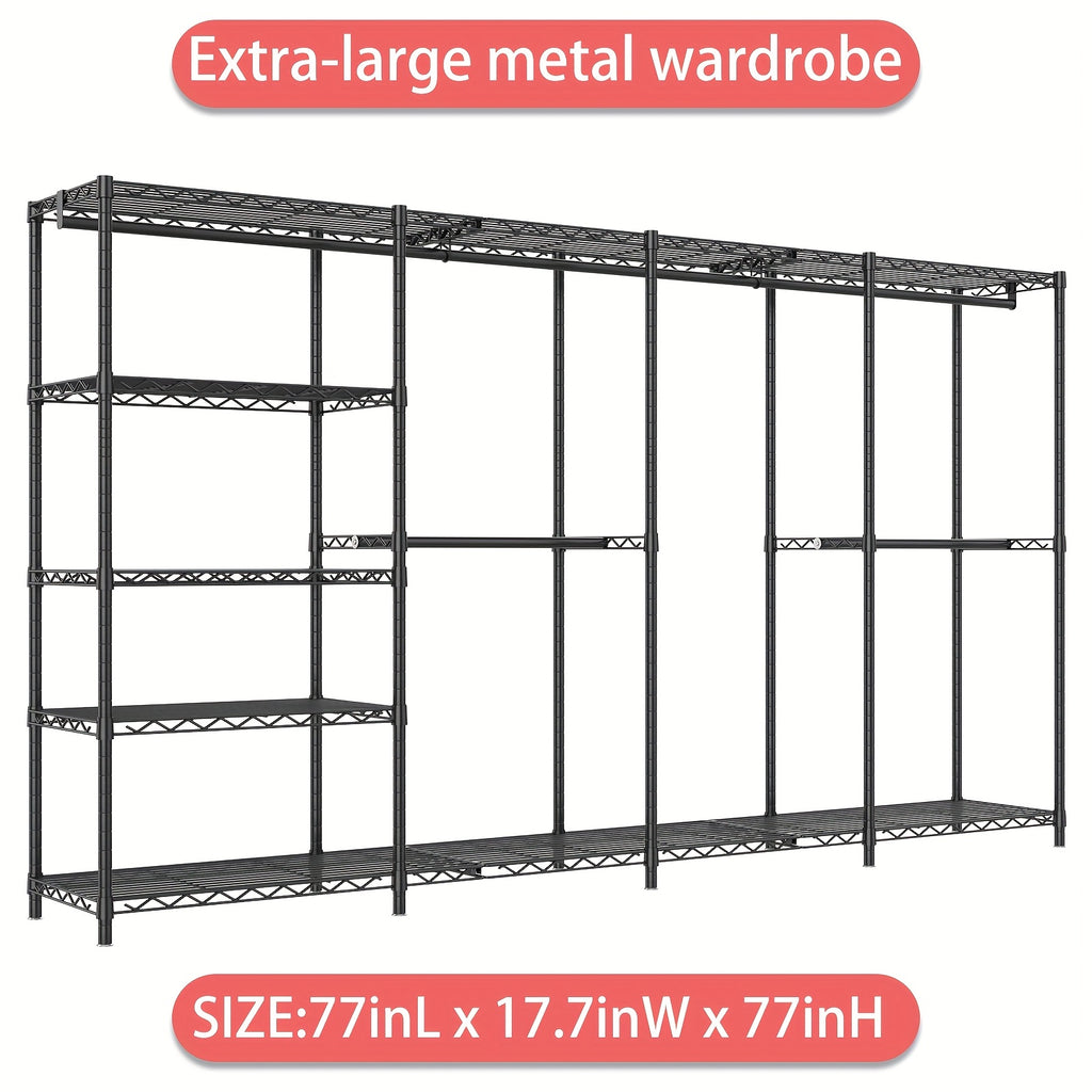 Extra Large Heavy Duty Clothes Rack, 2 Hanging Rods, 11 Dividers, 4 Installation Methods, 1100lb Load Capacity, Size 77"W x 17.7"D x 77"H, Free Standing Metal Wardrobe
