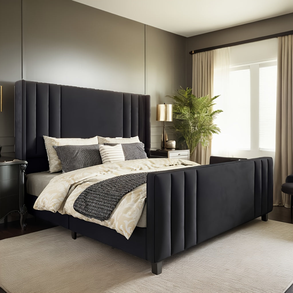 LUXOAK Velvet Upholstered Platform Bed Frame with Vertical Channel Tufted Wingback Headboard & Footboard - Mattress Foundation with Wood Slats, No Box Spring Required
