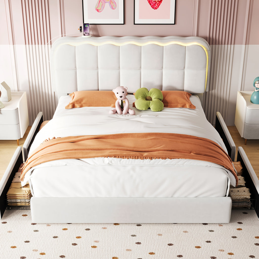 MRAEER Twin/Full/Queen Bed Frame | LED Lighting, 2/4 Storage Drawers, Cloud-Style Soft Headboard, Velvet Modern Platform Bed, Mattress Not Required, Halloween/Christmas Gift, White/Pink/Grey, Hardwood and Metal Construction