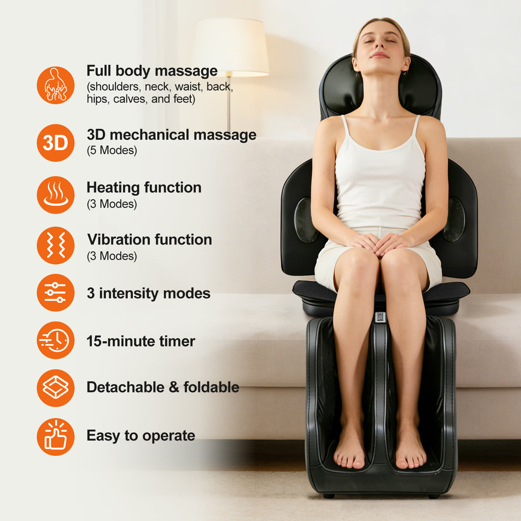 Full Body Shiatsu Massage Pad with 3D Deep Kneading Massage, 5 Modes, and Detachable Leg & Foot Massager, Ideal for Full-Body Relaxation at Home, Gym, Leisure, and Office