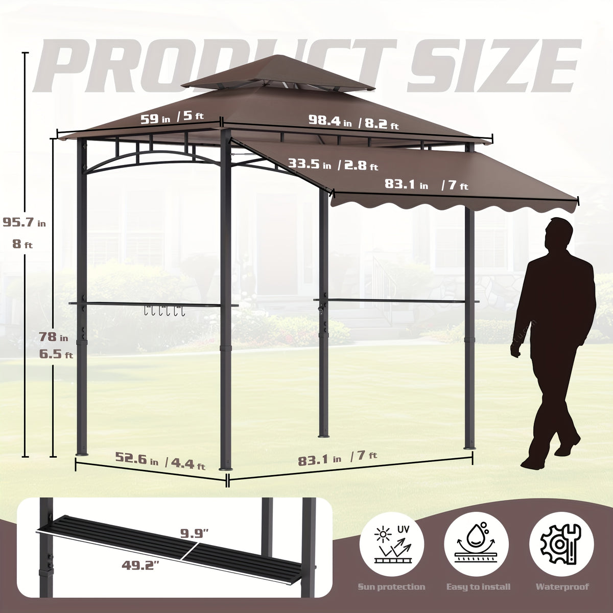 8'X7.8' Grill Gazebo Canopy - Sturdy Steel Structure, Two-Tiered Canopy for Outdoor Grilling with Shelves, Ceiling Hooks, And Ground Stakes, Outdoor Patio Canopy Tent BBQ Gazebo for Your Backyard