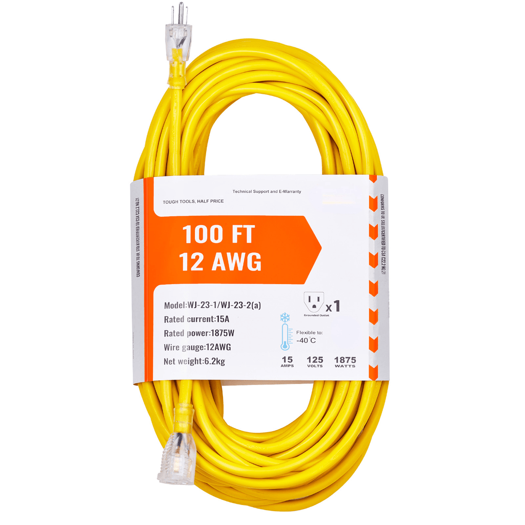 VEVOR 100FT Heavy Duty Extension Cord 16/12AWG 10/15A 1250W/1875W 3 Prongs with Lighted End