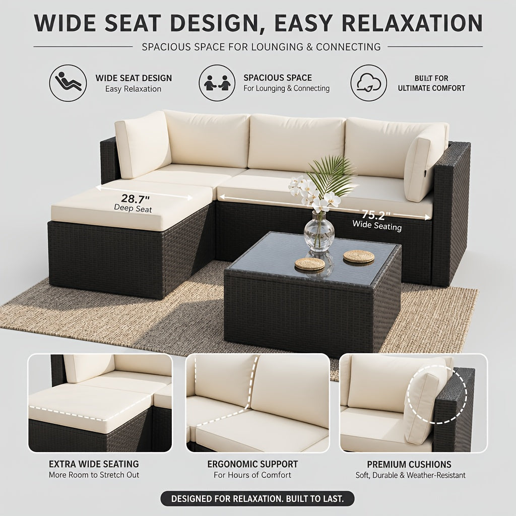 Outdoor Patio Sofa Set in L-Shaped 5- or 6-Piece Design for Backyard and Poolside Lounging