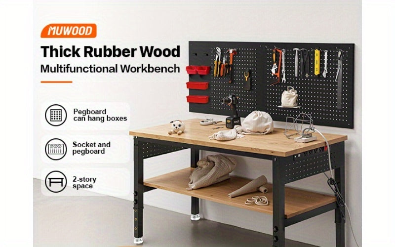 96"84"72"60"48"Adjustable Height Workbench with Power Outlet & Pegboard, 28"-40"Height Heavy Duty Solid Wood Work Table with 2000 to 5000 LBS Load Capacity for Garage, Shop, Office, Home