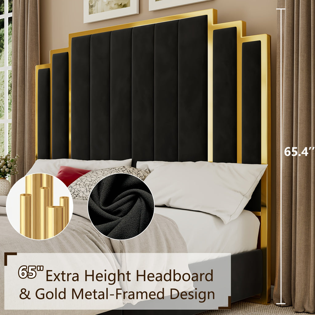 LUXOAK Modern Upholstered Bed Frame with 65" Headboard, Golden Plating Trim, Platform Design - No Box Spring Needed