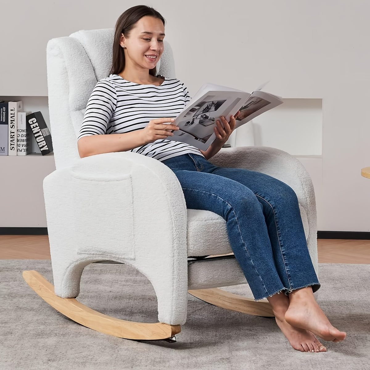 Rocking Chair Nursery, Modern Glider Chair with Adjustable Footrest And Solid Wood Legs, High Backrest Nursery Chair with Side Pocket, Rocker Armchair for Living Room Bedroom