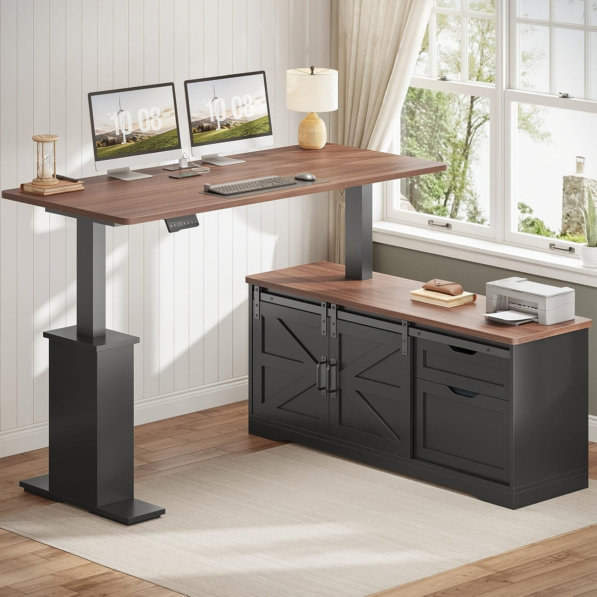 L-Shaped Standing Desk with Farmhouse Styling and Height Memory for an Organized Home Office