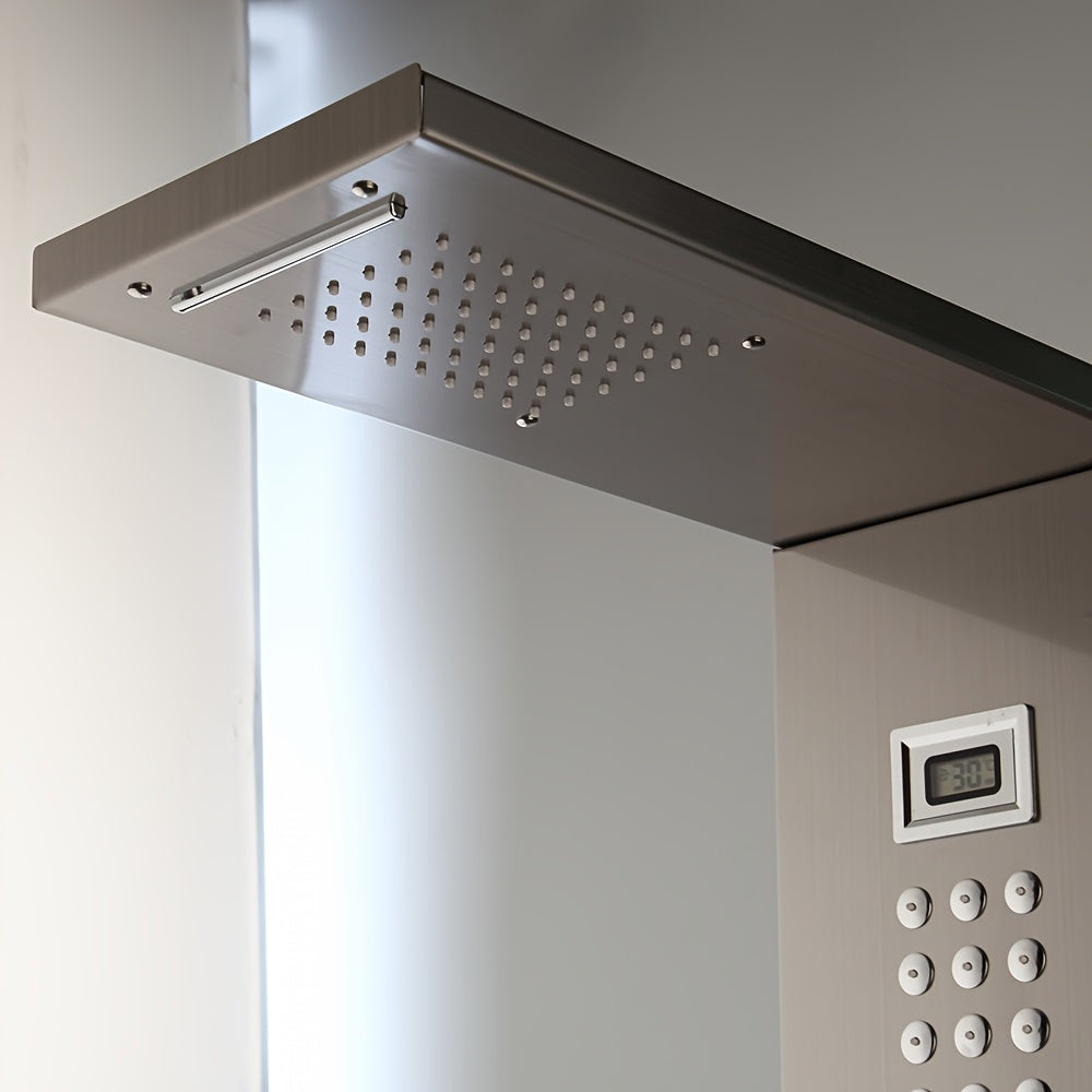 Luxurious Brushed Nickel Rainfall Shower System with Digital Display Mixer & Body Massage Jets - Wall-Mounted, Dual-Function Hand Sprayer for a Premium Bathroom Experience