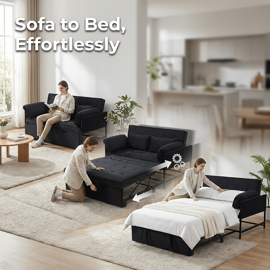 3-In-1 Pull-Out Sofa Bed, 5-Position Adjustable Backrest Velvet Futon Couch with Side Storage Pockets, Metal Frame Sleeper Sofa for Small Apartment, Dorm, Guest Room, 3 Colors Available