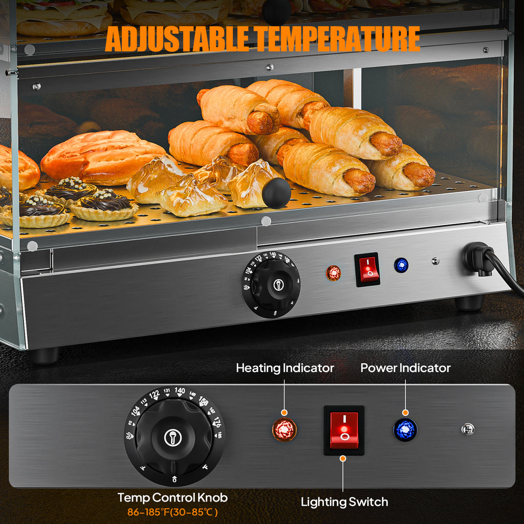 2-Tier Food Warmer Pizza Warmer Countertop, Food Warmer Display Pretzel Warmer with LED Lighting Front and Rear Doors, Electric Catering Hot Box Acrylic for Buffet Restaurant Cafe