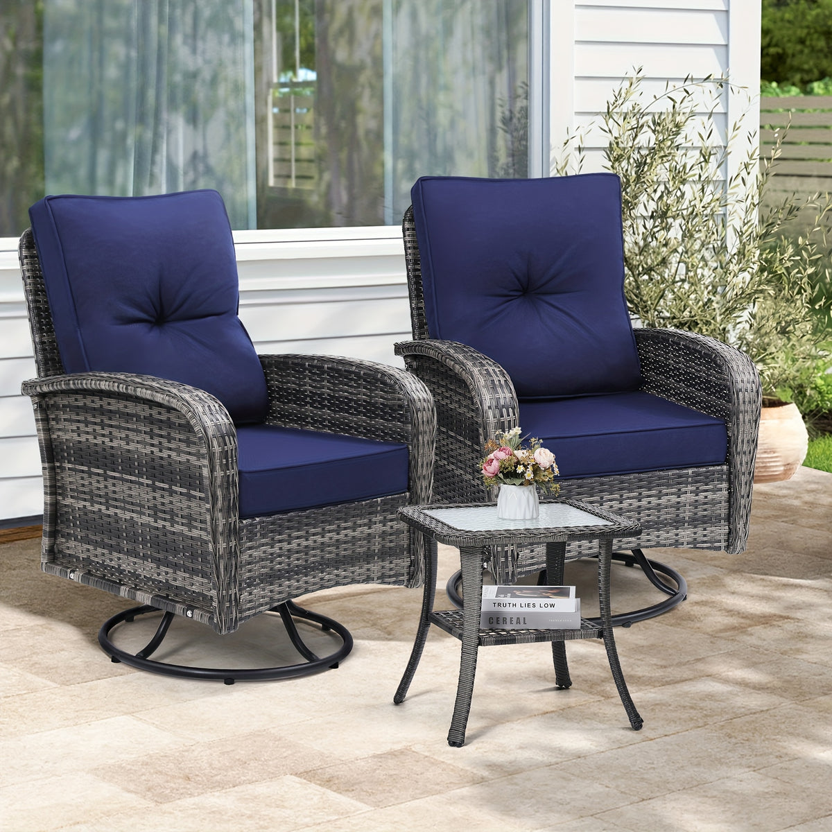 3pcs Patio Furniture Set, Outdoor Swivel Rocking Chairs with Glass Top Table and Thick Cushions for Porch, Deck, Balcony, Poolside, Patio Table And Chairs Set, Outdoor Dining Table And Chairs, Patio Chairs, Outdoor Furniture, Patio Set, Porch Seating, Dec