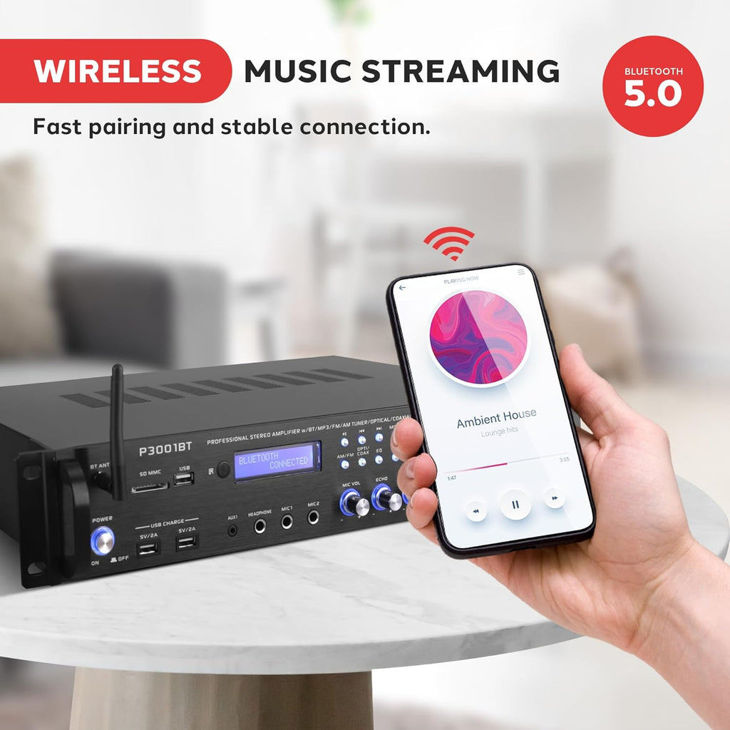 Bluetooth Hybrid Amplifier Receiver - Home Theater Pre-Amplifier with Wireless Streaming Ability w/ Digital Optical/Coax, MP3/USB/SD/AUX/FM Radio (3000 Watt)
