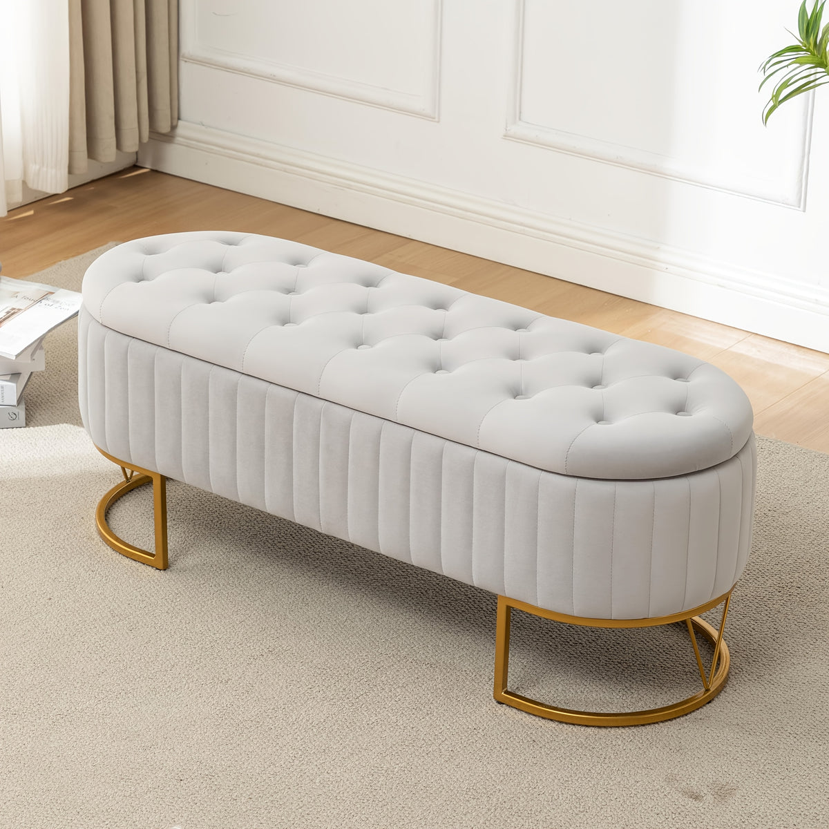 Modern 46”/46.5” (depending on orientation) Oval Velvet Storage Bench with Hinged-Lid Mechanism & Flip-Top Lid - Plush Upholstered Ottoman for End of Bed, Entryway, Living Room - Wood Frame & Luxury Design, Space-Saving Furniture (Standalone)