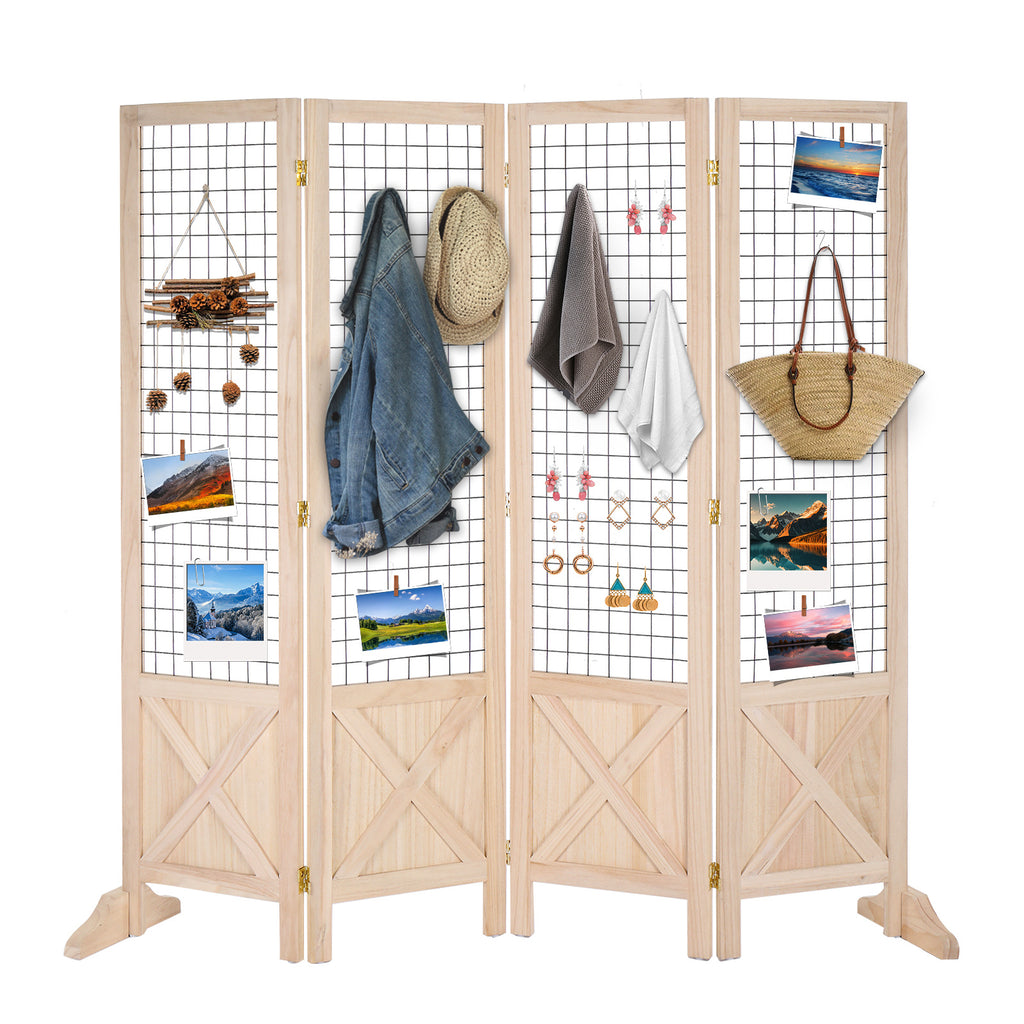 VINGLI Room Divider Freestanding Grid Wall, 4 Panel Folding Display Board Organizer with Base Feet, Decorative Wooden Frame Wire Grid Screens for Craft Shows Events Retail