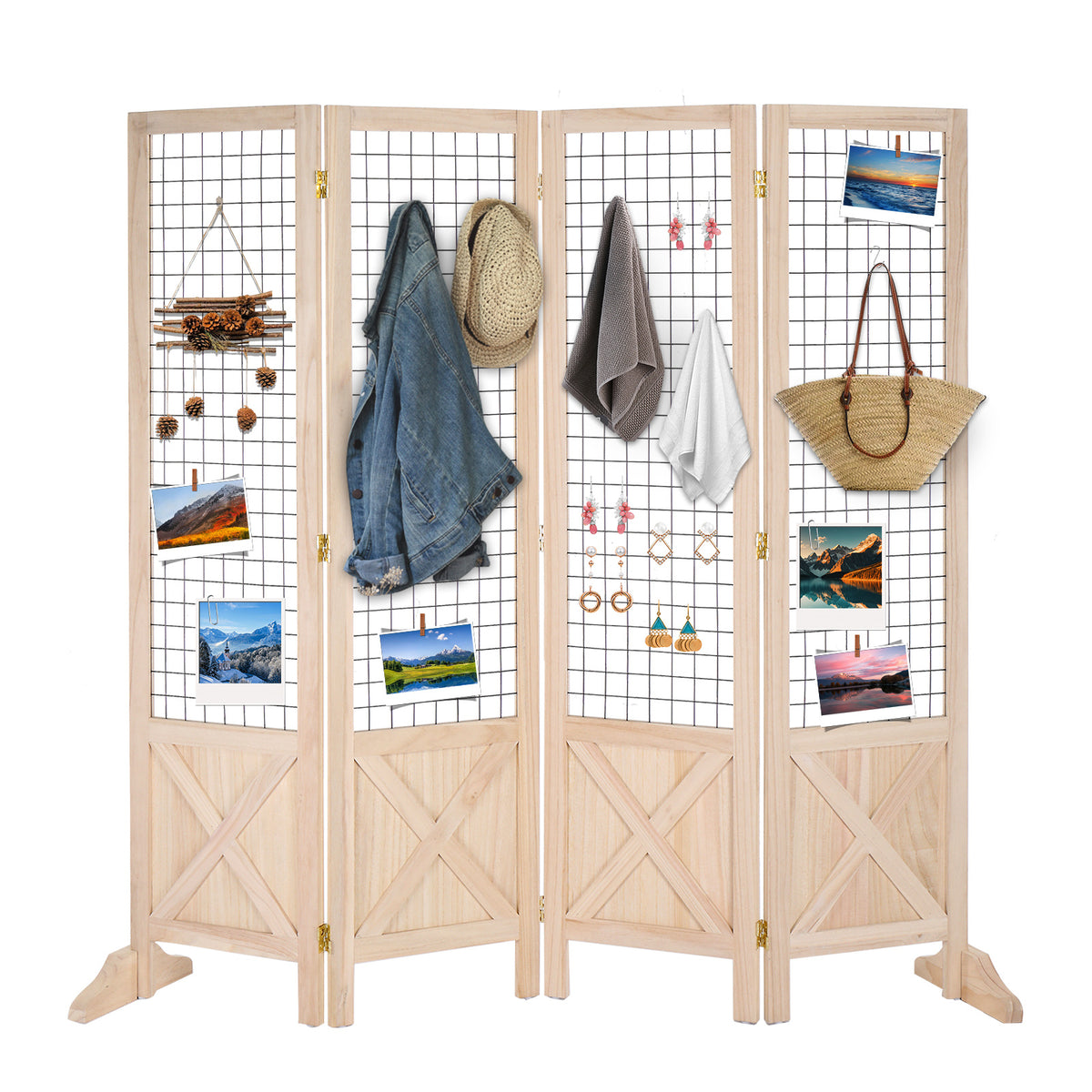 VINGLI Room Divider Freestanding Grid Wall, 4 Panel Folding Display Board Organizer with Base Feet, Decorative Wooden Frame Wire Grid Screens for Craft Shows Events Retail