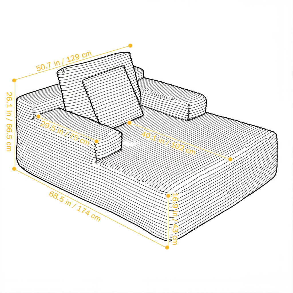 51-Inch Oversized Boneless Lounge Chaise Recliner - Corduroy Sofa with Pillows And Armrests | Deep-Seat with High-Density Foam Cushion | Living Room/Apartment/Bedroom U-Shaped Folding Sofa Bed | No Assembly Required | Beige/Black/Green/Orange