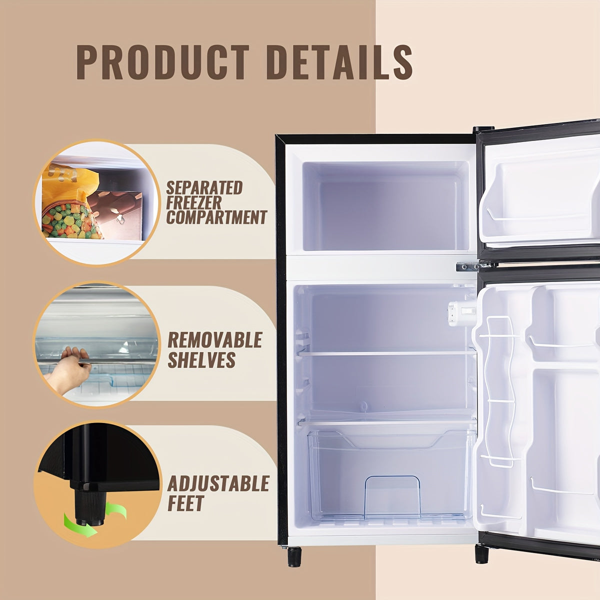 Mini Refrigerator with Separate Freezer and 7-Level Thermostat — WANAI Black, 3.5 or 4.5 Cu. Ft.