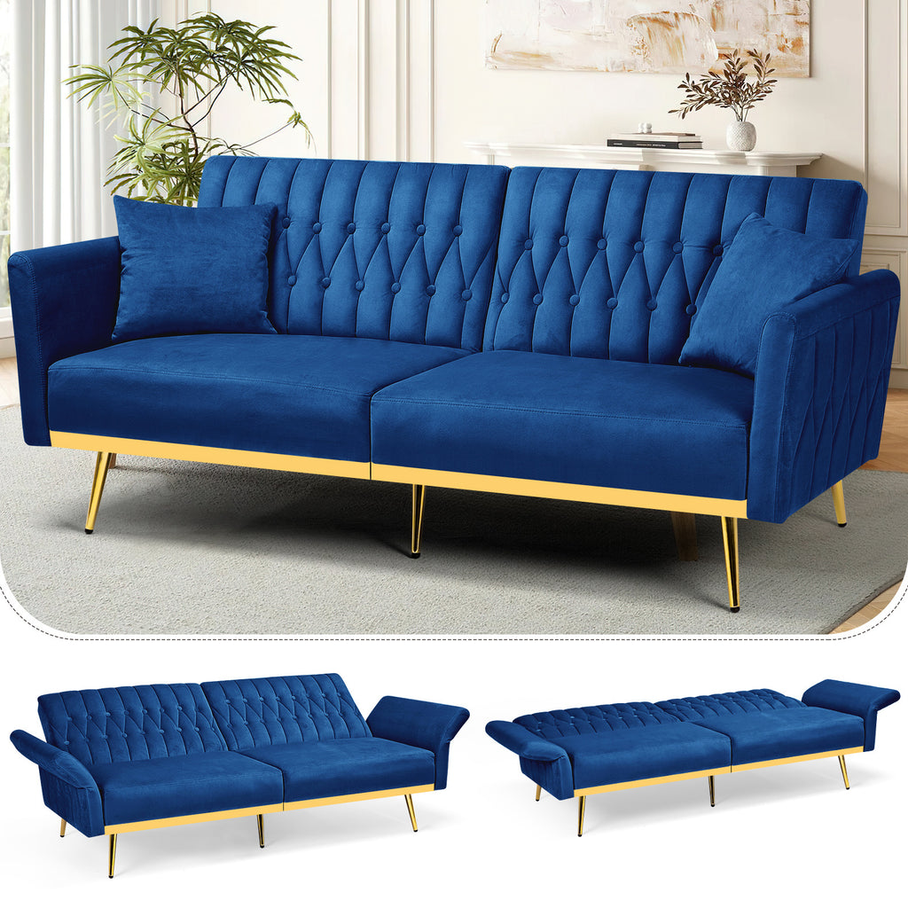 ACMEASE 70-Inch Velvet Convertible Sofa Bed with 2 Pillows, Adjustable Backrest And Armrest Tufted Sleeper Sofa with Golden Metal Legs for Living Room