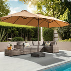 15-Foot Double-Sided Patio Umbrella (Base Included), Large Outdoor Market Table Umbrella, 36 Solar-Powered LED Lights, 12 Heavy-Duty Ribs for The Patio Umbrella, Automatic Solar Charging Providing 8 Hours of Illumination, Suitable for Terrace, Deck