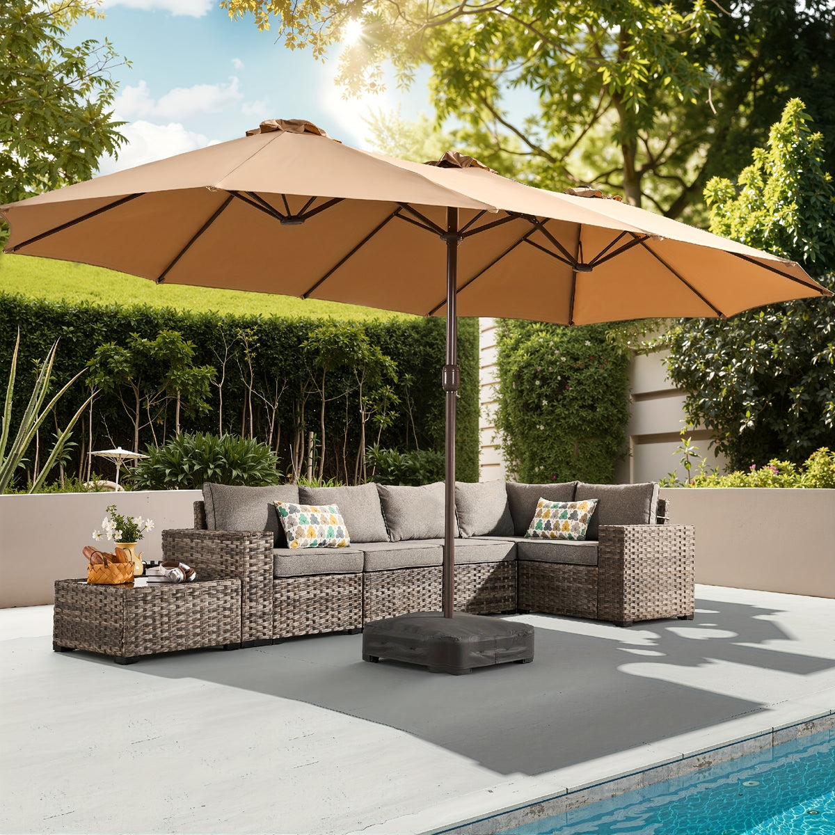 15-Foot Double-Sided Patio Umbrella (Base Included), Large Outdoor Market Table Umbrella, 36 Solar-Powered LED Lights, 12 Heavy-Duty Ribs for The Patio Umbrella, Automatic Solar Charging Providing 8 Hours of Illumination, Suitable for Terrace, Deck