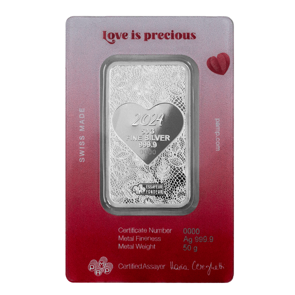 2024 Pamp Love is Precious Heart Holographic 50 Gram Silver Bar - In Assay