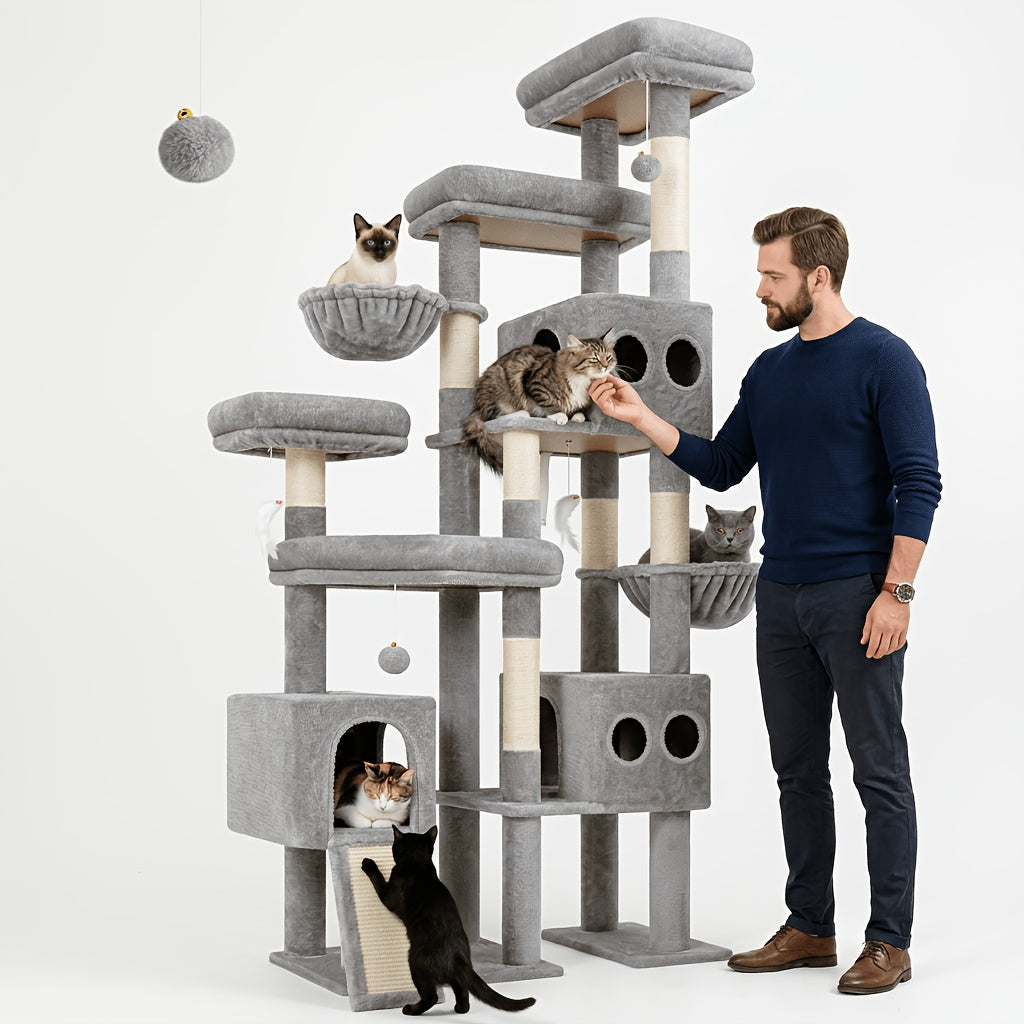 Globlazer 82-inch Cat Tower for Large Cats, Multi-Level Cat Tree for 4+ Indoor Cats with 3 Condos, 7 Sisal Scratching Posts, Scratching Board, 2 Hammocks & 3 Perches, S82D, Light Grey