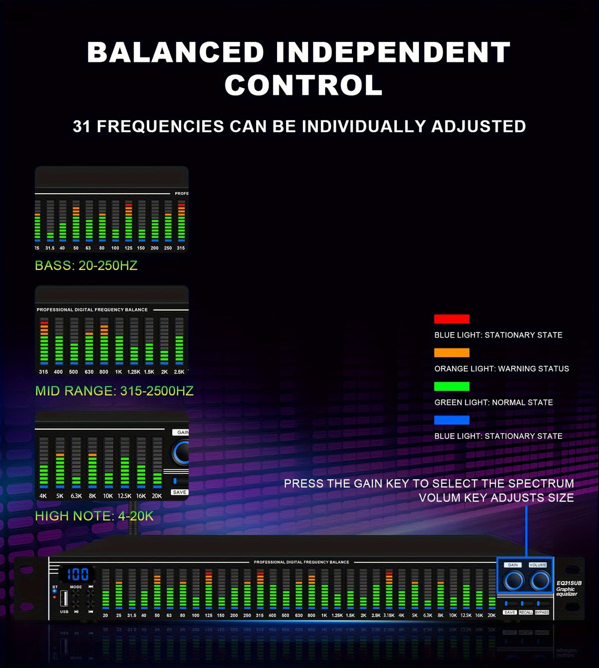 1U-EQ31 Digital Equalizer | Equipped with Real-time Spectrum Analysis, Suitable for Home Audio Systems, Studio Grade Equalizers, And Can Be Used In Conjunction with Audio Amplifiers, Amplifiers, Mixing Consoles, Mixers, Microphones, And Other Equipme