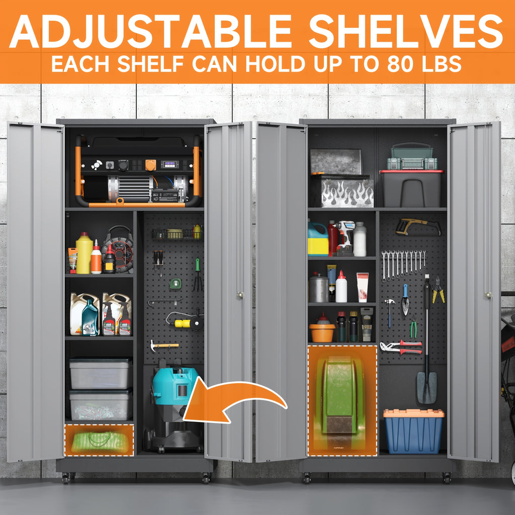 Metal Storage Cabinet with 4 Wheels, 71" H Metal Garage Cabinet, Broom Closet Storage Cabinet with Adjustable Shelves, Tool Storage Cabinets for Garage, Utility Room