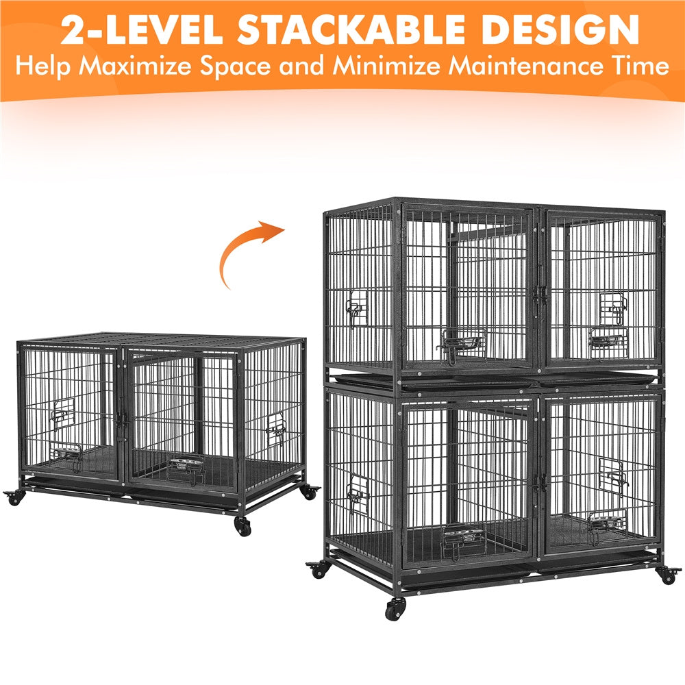 Costoffs Halloween 29/35"H Rolling Dog Crate Rolling Heavy Duty Dog Cage with 2 Stainless-steel Bowls, Removable Divider, 2 Pull-out Trays for Dogs, Black