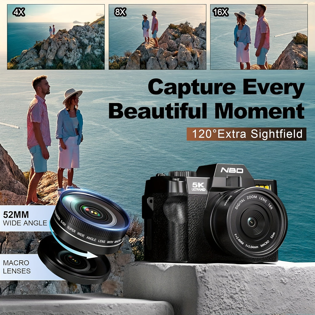 NBD Digital Cameras for Photography 5K, 48MP Autofocus Vlogging Camera for YouTube with 32GB TF Card & 2 Batteries, 16X Zoom Anti-Shake Video Camera with 52mm Wide Angle And Macro Lens., Social Media Content Creation, Youtube Content Creation