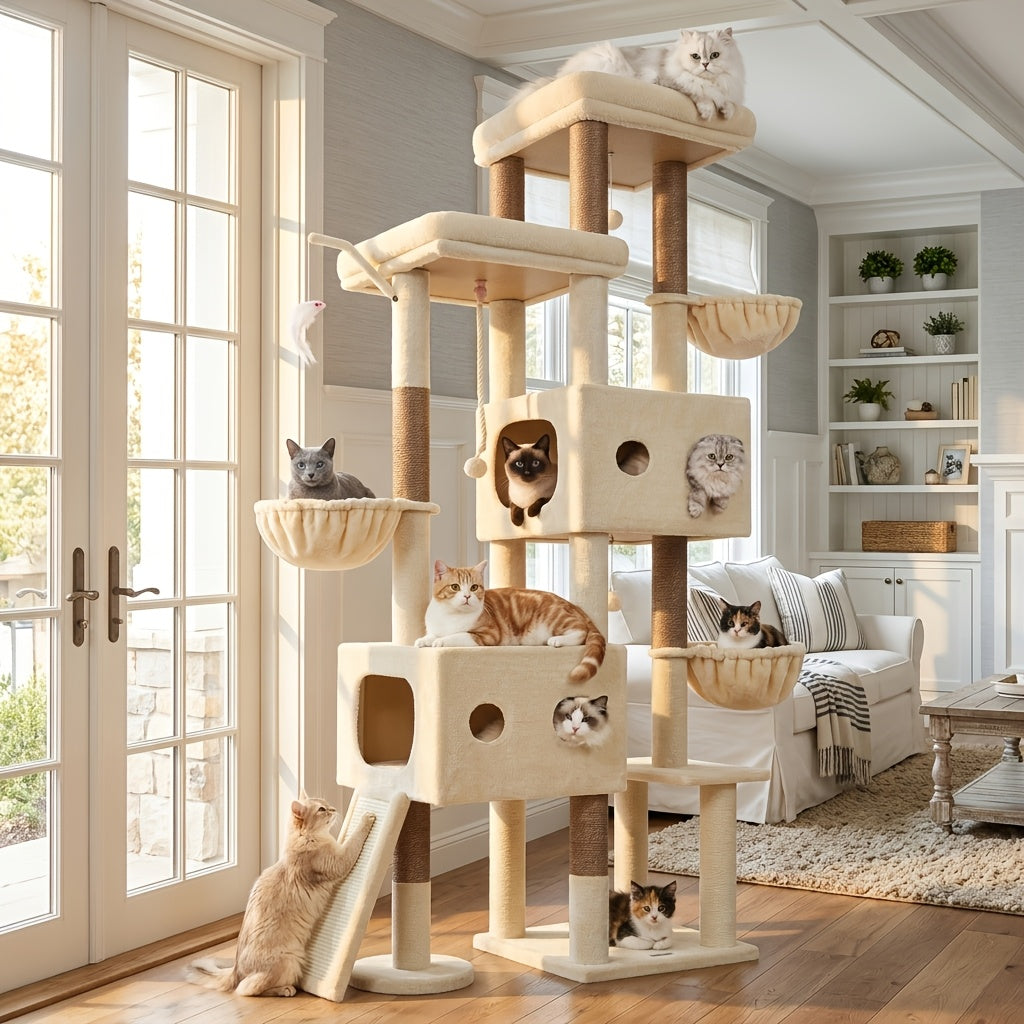 Globlazer 81 Inch Heavy-Duty Multi-Level Cat Tree Tower Suitable for Large Cats & Maine Coon, 2 Condos, 7 Sisal Posts with Scratching Board, 3 Hammocks, Beige Cat Furniture for 4+ Cats, Climbing Activity for Kittens