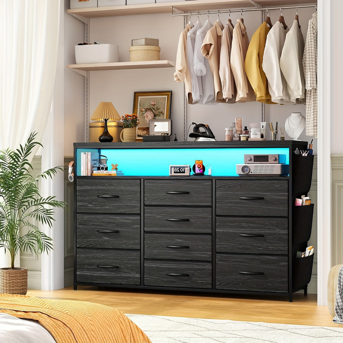 Dresser TV Stand With 10 Drawers For 55" TV Stand For Bedroom With LED Lights & Power Outlets Wide Dresser For Bedroom With Shelves & Side Pockets Sturdy Metal Frame & Wood Top, Charcoal Black