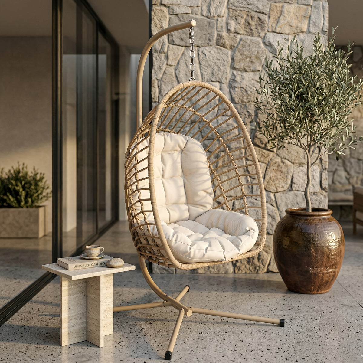 Hanging Egg Chair with Stand Only for Outdoor, Foldable Rattan Wicker Hammock Egg Swing Chair for Porch Patio Garden, 350LBS Capacity, Beige