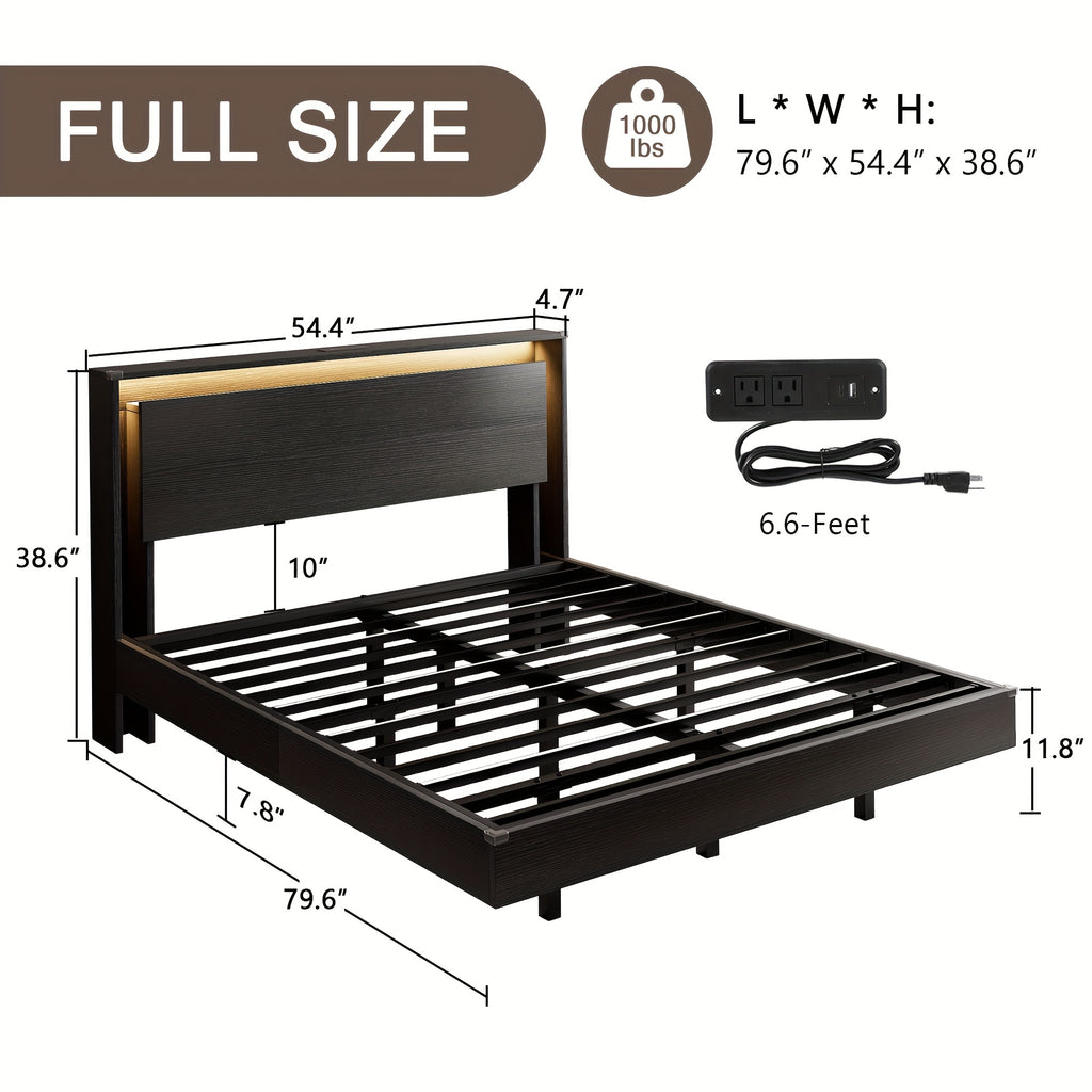 Floating Bed Frame with LED Lights & Charging Station, Heavy Duty Metal Support Frame, Easy Assembly, Bed Frame Without Mattres