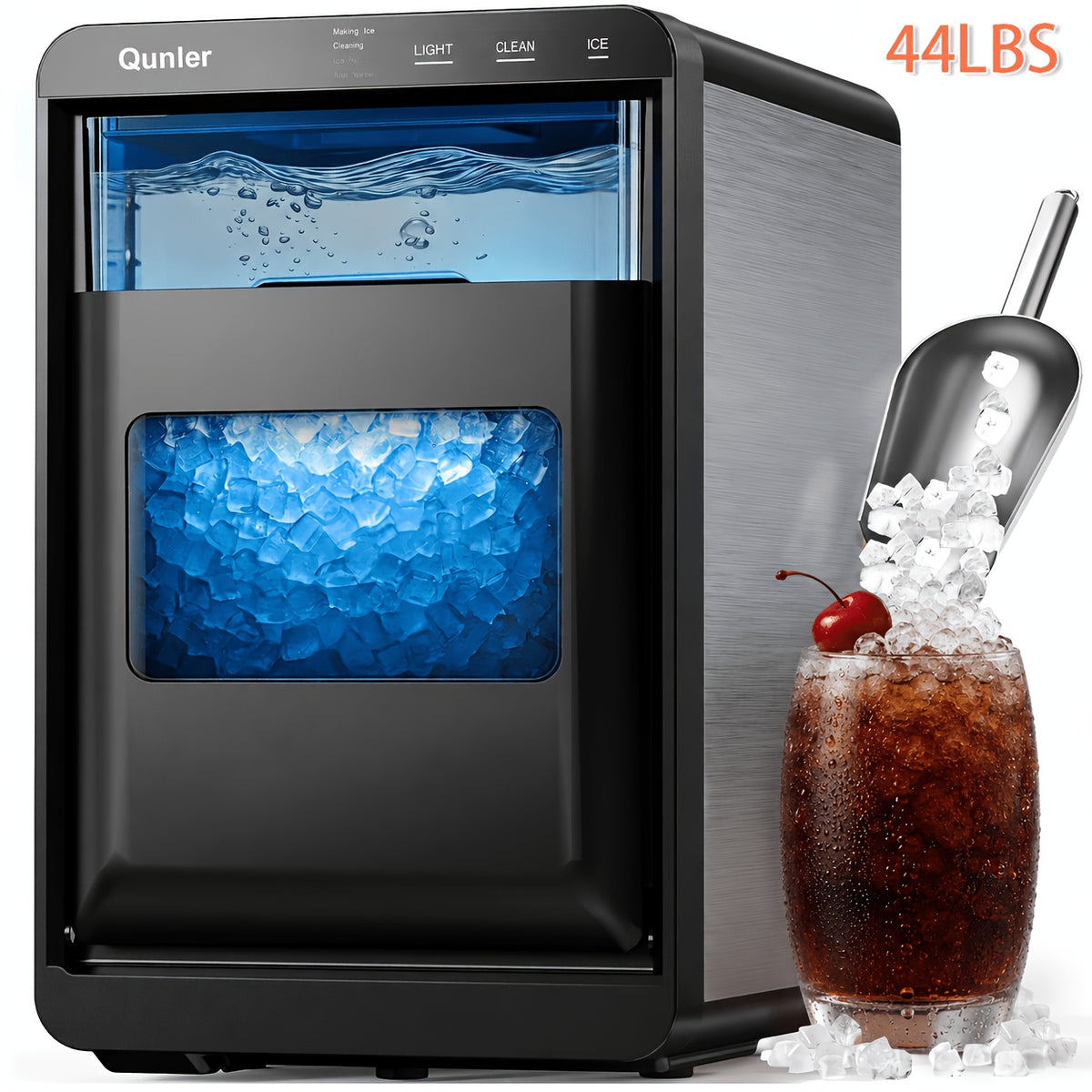 Nugget Ice Maker Countertop, Soft Chewable Pellet Ice Machine, Qunler 33/44Lbs Per Day Self-Cleaning Stainless Steel Ice Maker For Iced Coffee, Soda, Tea And Home Coffee Bar & Gifts For Coffee Lovers