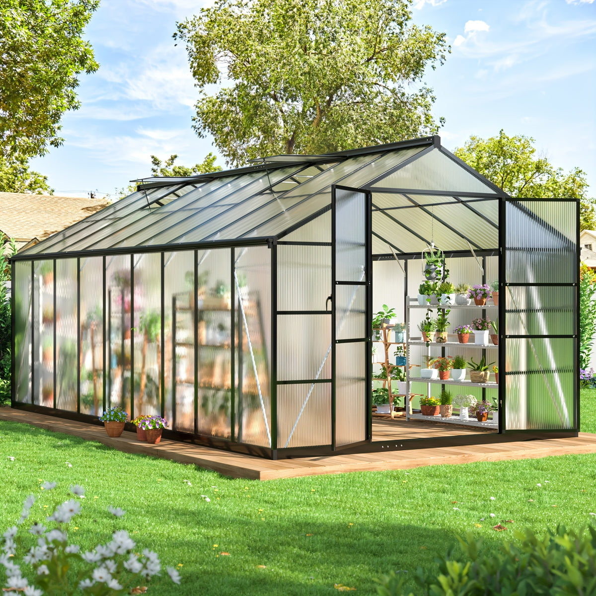 [Large Walk-in Greenhouse] VIWAT Greenhouse for Outdoors, Polycarbonate Greenhouse With Quick Setup Structure and Roof Vent, Aluminum Large Walk-in Greenhouse for Outside Garden Backyard, Garden Houses