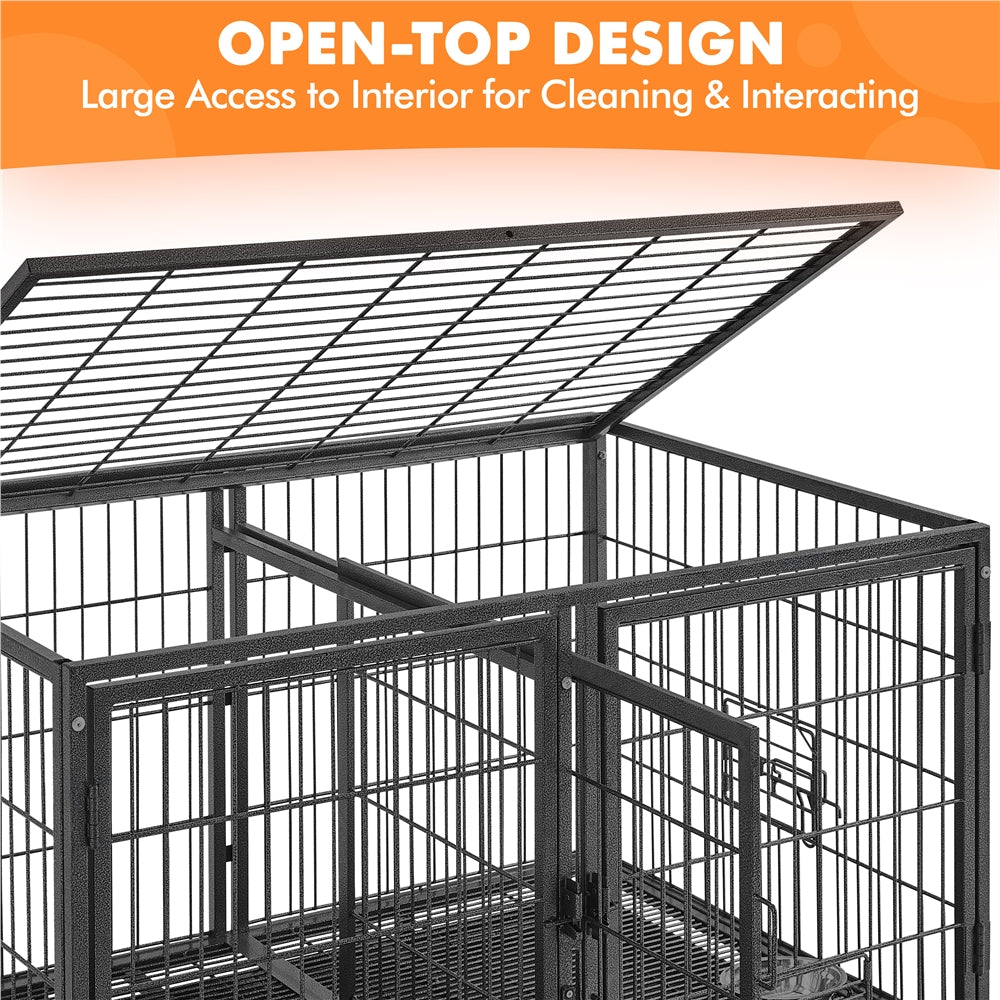 Costoffs Halloween 29/35"H Rolling Dog Crate Rolling Heavy Duty Dog Cage with 2 Stainless-steel Bowls, Removable Divider, 2 Pull-out Trays for Dogs, Black