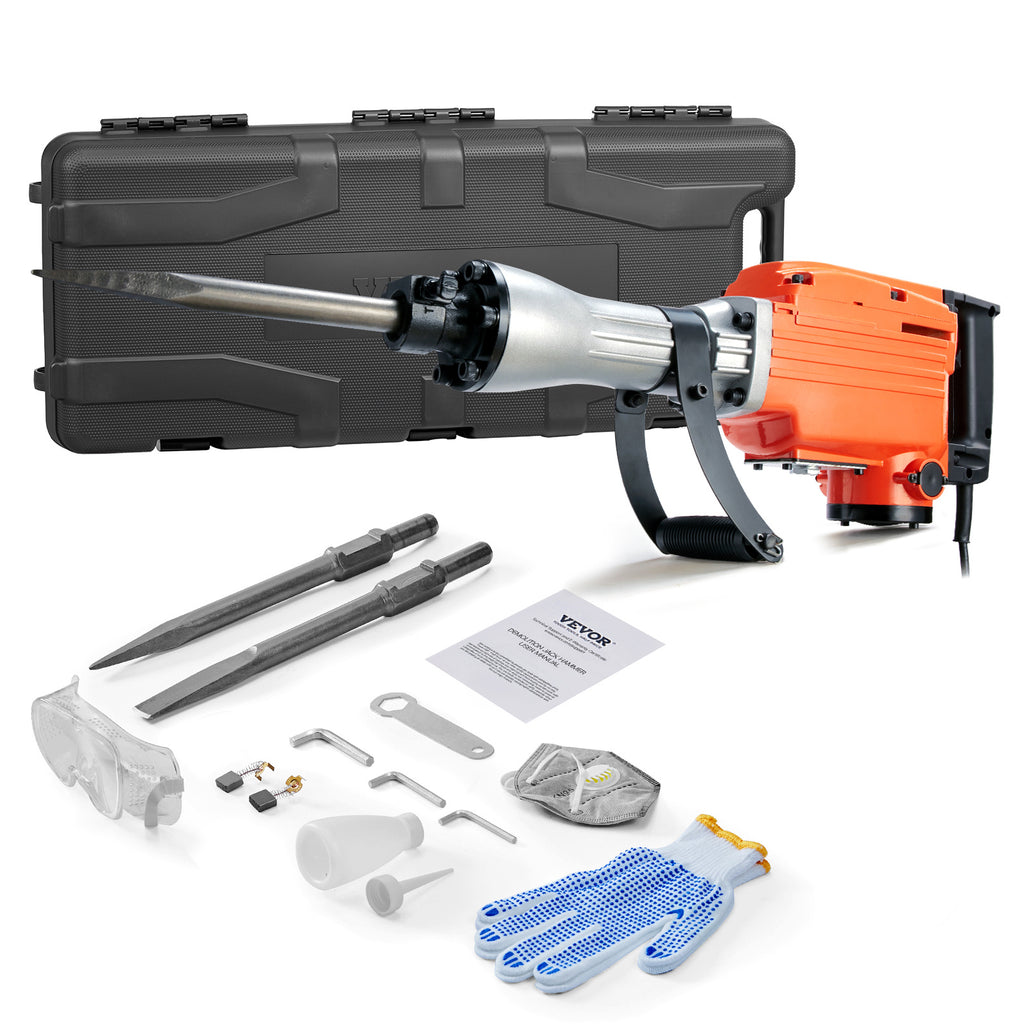 VEVOR Demolition Jack Hammer, 2200W Electric Jackhammer Heavy Duty, 1350 BPM Concrete Breaker, 2pcs Chisels Bit Chipping with Case