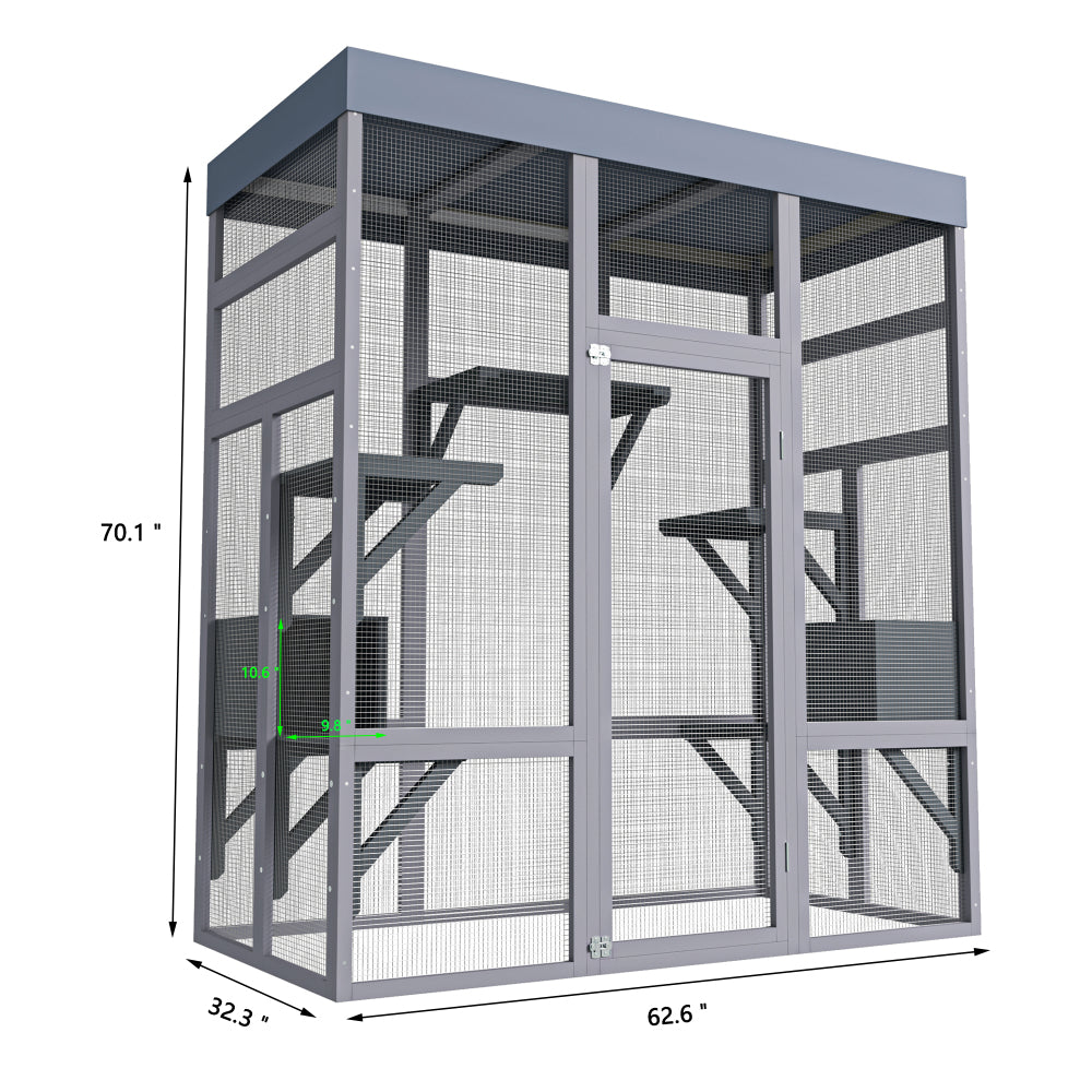 [Outdoor Catio Enclosure] 62.6 Inch Large Wooden Outdoor Catio Enclosure for Cats | Secure Pet Cage with Roof & Rust-Proof Wire Mesh | Includes 2 Napping Houses & Multi-Level Platforms for Backyard & Patio