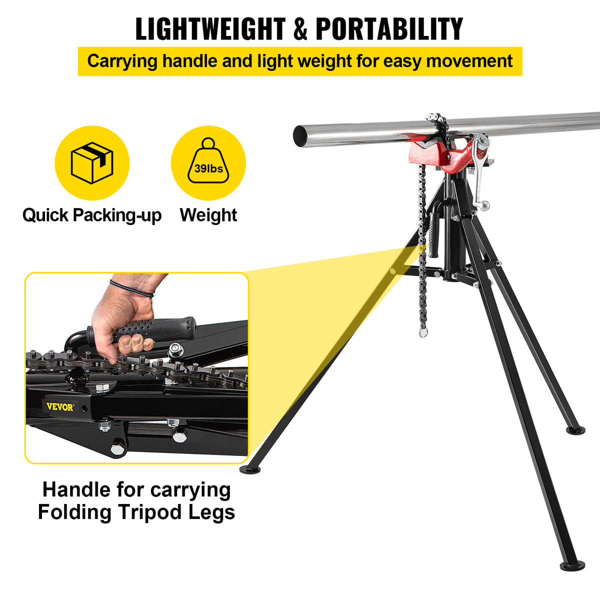 VEVOR Tripod Pipe Chain Vise, 1/8\"-5\" Pipe Capacity, 36.4“ Length Chain Vise Stand with Portable Folding Steel Legs, for Grabbing, Supporting and Bending Pipes in Factory, Workshop and Home