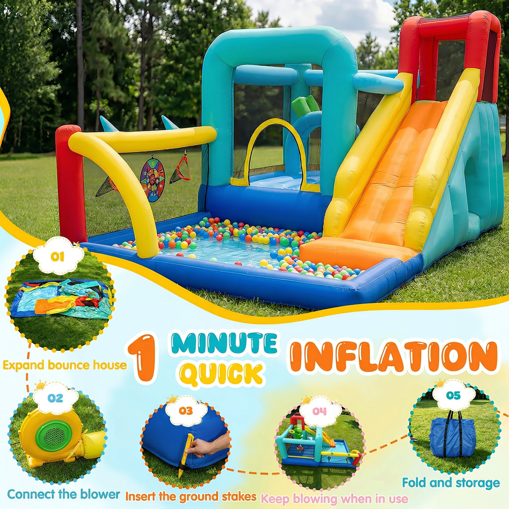 Inflatable Bounce House with Blower for Indoor Outdoor, Rabbit Ears Center Obstacle Bouncy Castle with Ball Pit/Splash Pool, Air-Filled Jumping Bouncer with Center Obstacle/Tunnel/Climbing Wall/Dartboard/Ring Toss/Ball Holes/Hoop